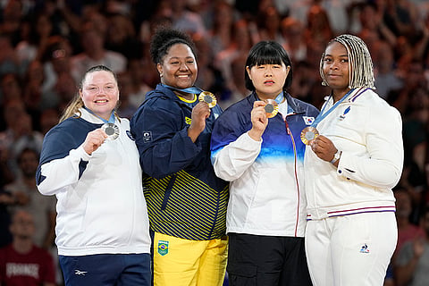 Medal ceremony for women's +78 kg event in the team judo competition